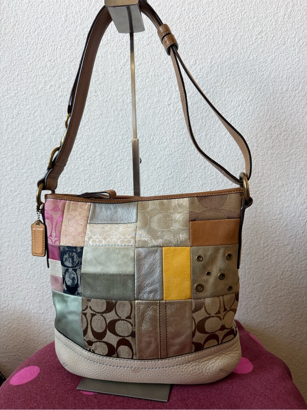 Authentic Coach 10018 Patchwork Signature Suede Leather Shoulder Bag Multicolor